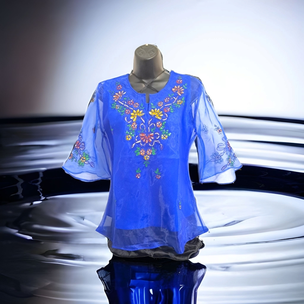 BLUE HANDPAINTED & EMBROIDERED WOMENS BARONG
